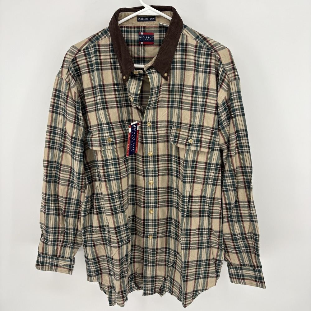 Vintage Bugle Boy Classics Plaid Button Shirt Men L Corduroy Collar Cotton 90s